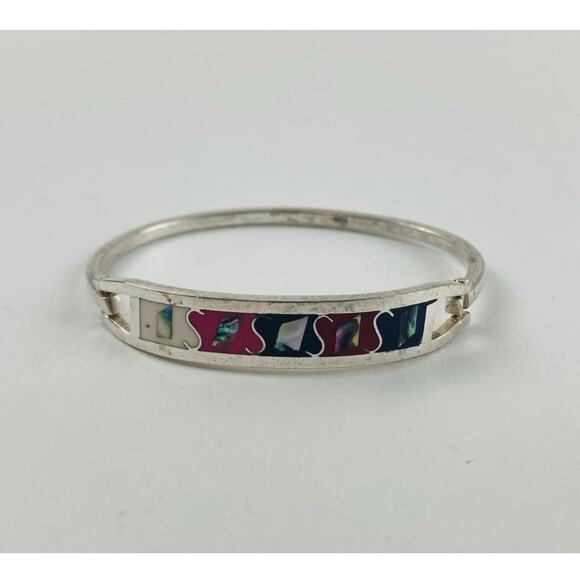 Vintage Alpaca Mexico Bangle Bracelet Red Abalone Small Hinged Letter S Pink Bla - Picture 2 of 15